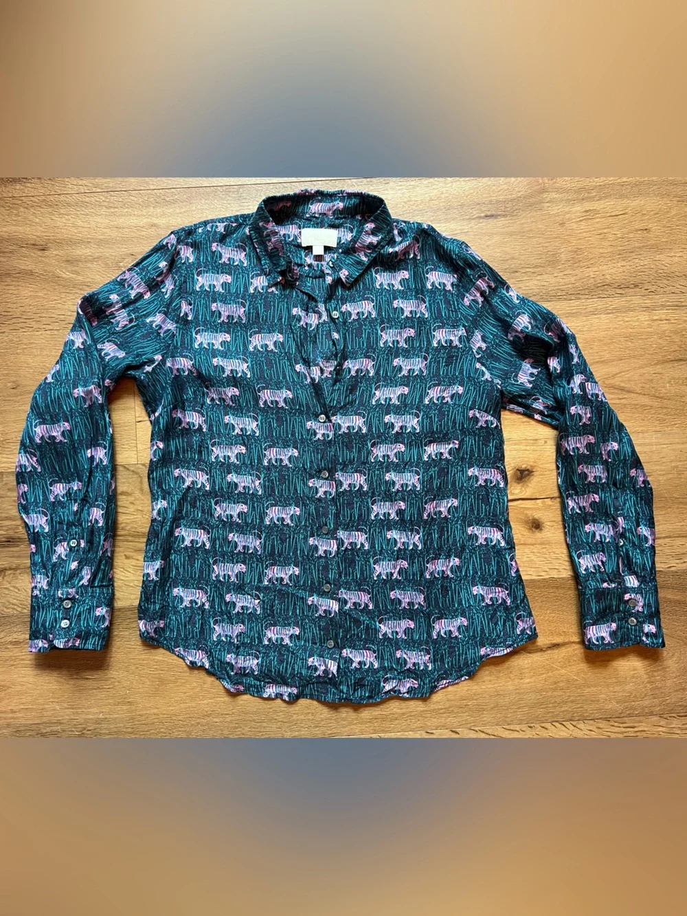 J. Crew Dark Teal Silk Button-Down Shirt with Purple Tiger Print